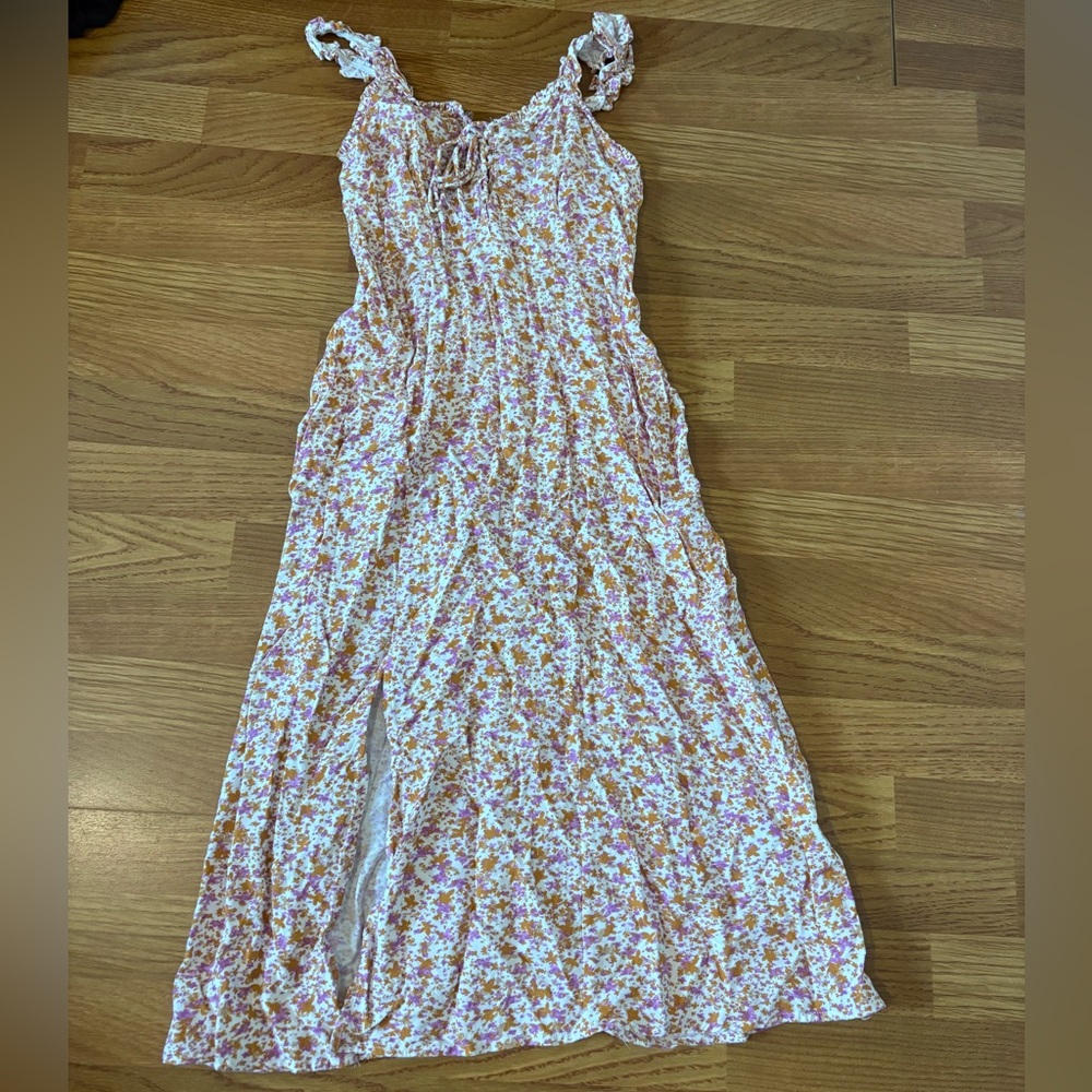 Floral Pink and Tan Midi Dress - Lightweight Summer Dress
